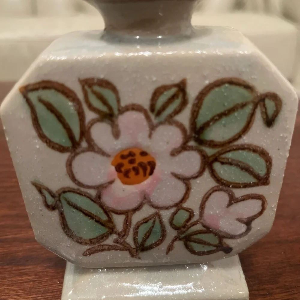 Vintage Square Salt Glazed Flat Floral Painted Stoneware Small Bud Vase